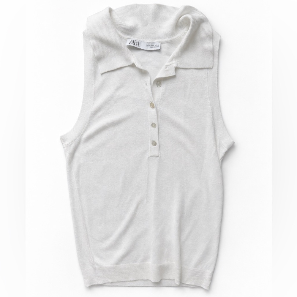 ZARA Sleeveless Knit Polo Top Cream White Button Front Minimal Chic Size S